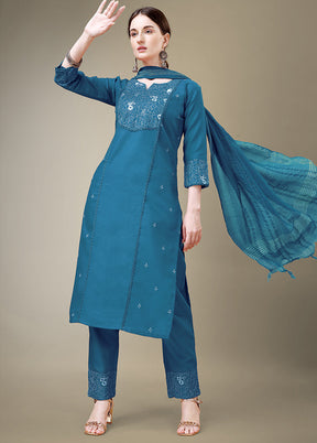 3 Pc Blue Readymade Cotton Suit Set