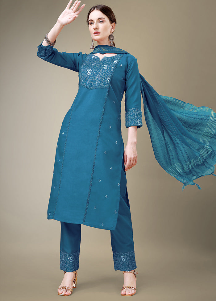 3 Pc Blue Readymade Cotton Suit Set