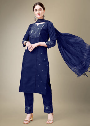 3 Pc Navy Blue Readymade Cotton Suit Set