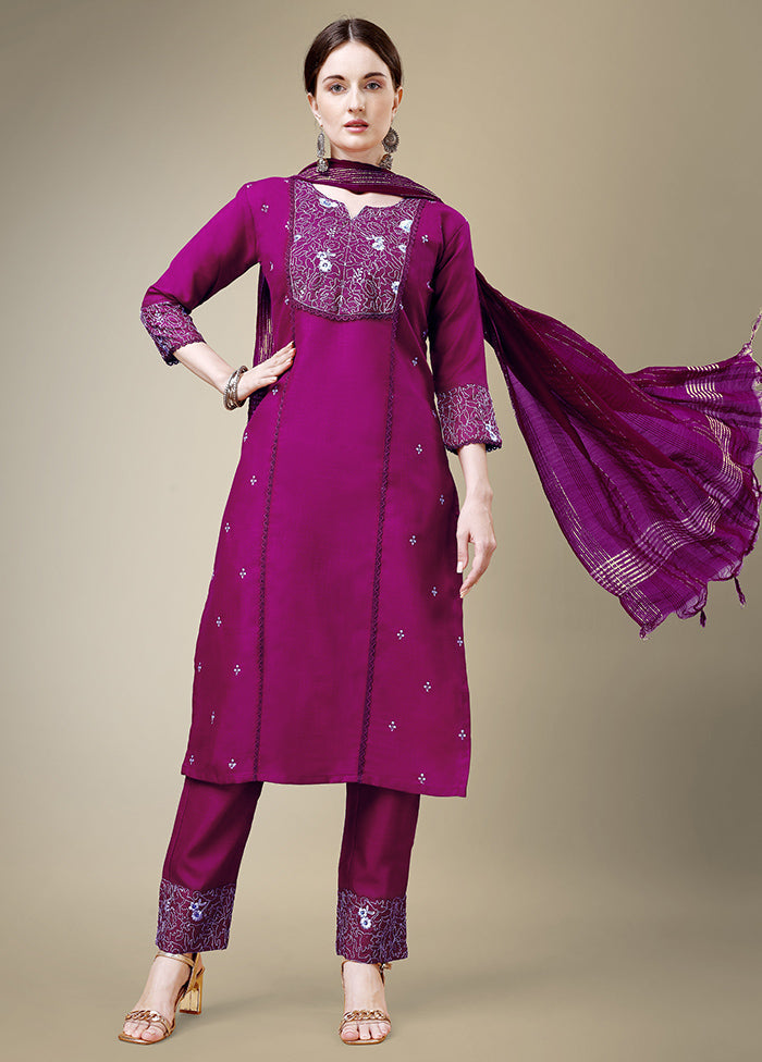 3 Pc Purple Readymade Cotton Suit Set