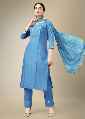 3 Pc Sky Blue Readymade Cotton Suit Set