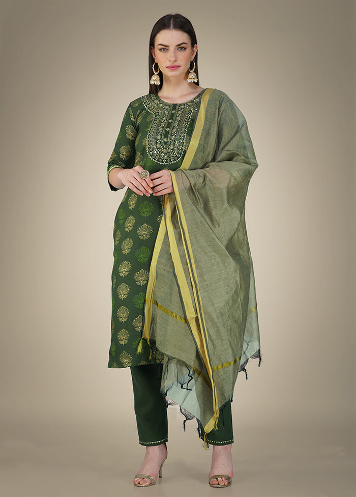 3 Pc Dark Green Readymade Cotton Suit Set - Indian Silk House Agencies