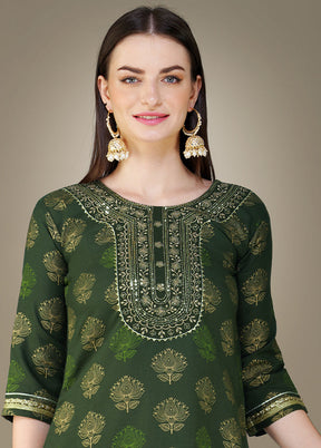 3 Pc Dark Green Readymade Cotton Suit Set - Indian Silk House Agencies