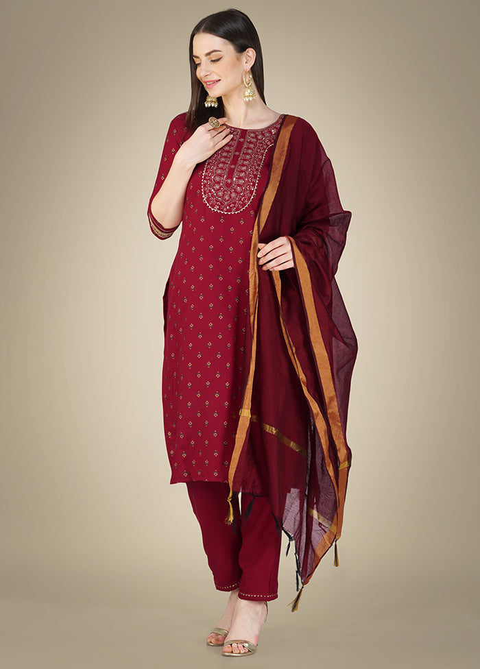 3 Pc Maroon Readymade Cotton Suit Set - Indian Silk House Agencies