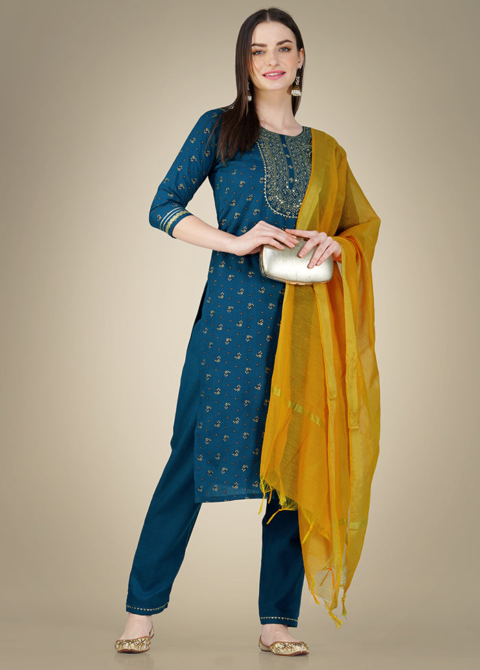 3 Pc Blue Readymade Cotton Suit Set