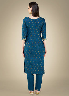 3 Pc Blue Readymade Cotton Suit Set - Indian Silk House Agencies