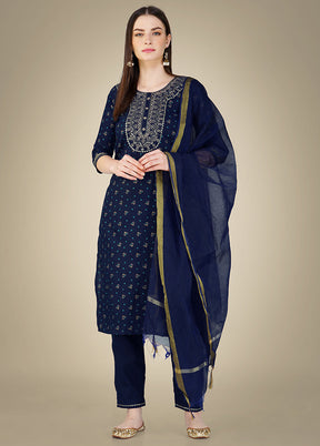 3 Pc Navy Blue Readymade Cotton Suit Set - Indian Silk House Agencies