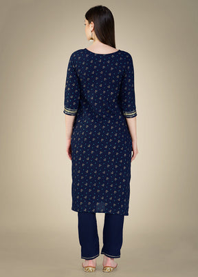 3 Pc Navy Blue Readymade Cotton Suit Set - Indian Silk House Agencies