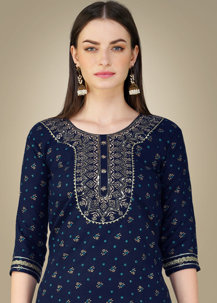 3 Pc Navy Blue Readymade Cotton Suit Set - Indian Silk House Agencies