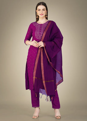 3 Pc Purple Readymade Cotton Suit Set