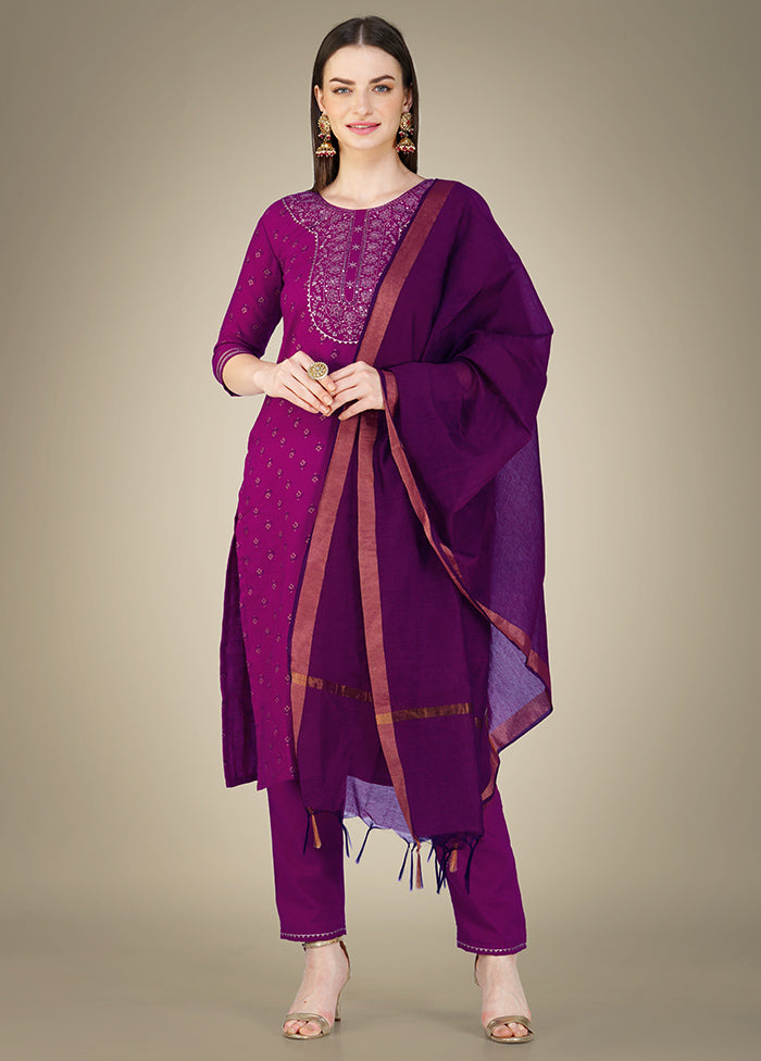 3 Pc Purple Readymade Cotton Suit Set - Indian Silk House Agencies