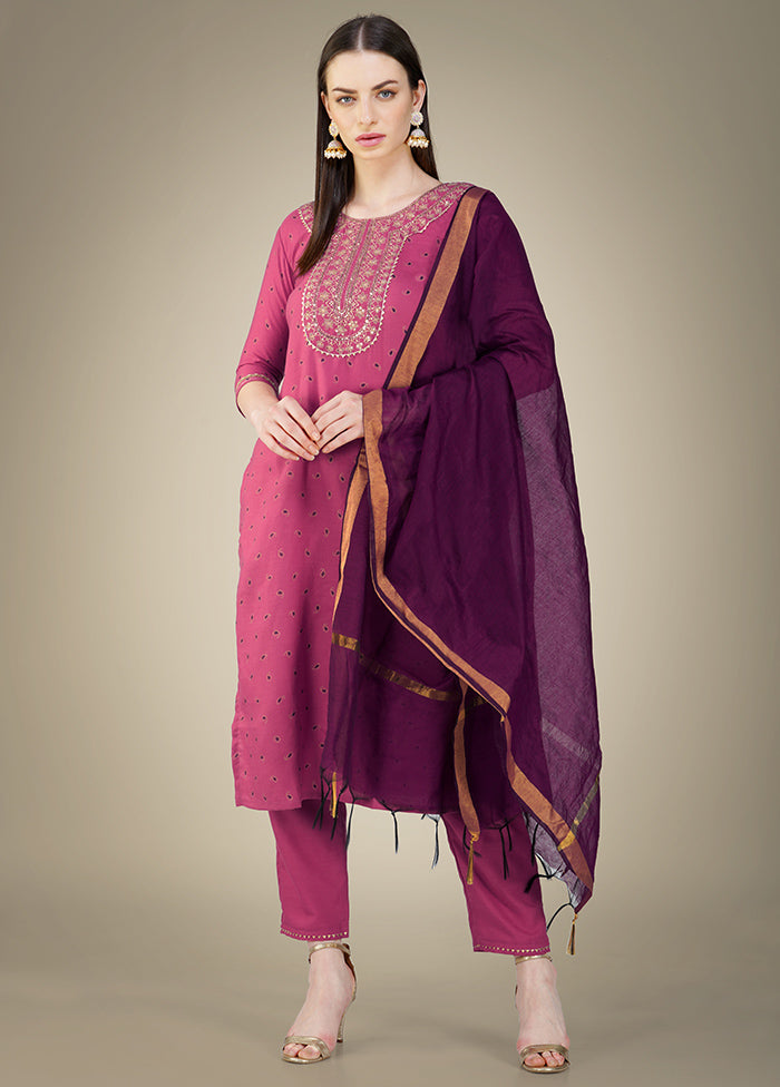 3 Pc Wine Readymade Cotton Suit Set - Indian Silk House Agencies