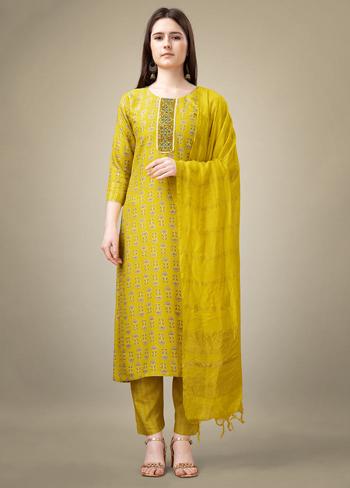 3 Pc Yellow Readymade Rayon Suit Set