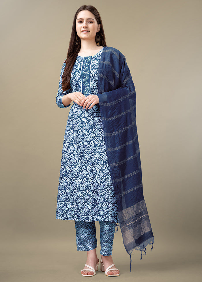 3 Pc Light Blue Readymade Rayon Suit Set - Indian Silk House Agencies