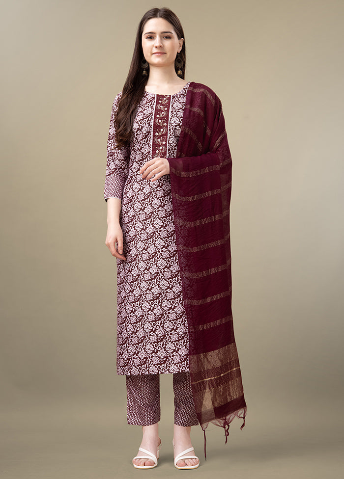 3 Pc Maroon Readymade Rayon Suit Set