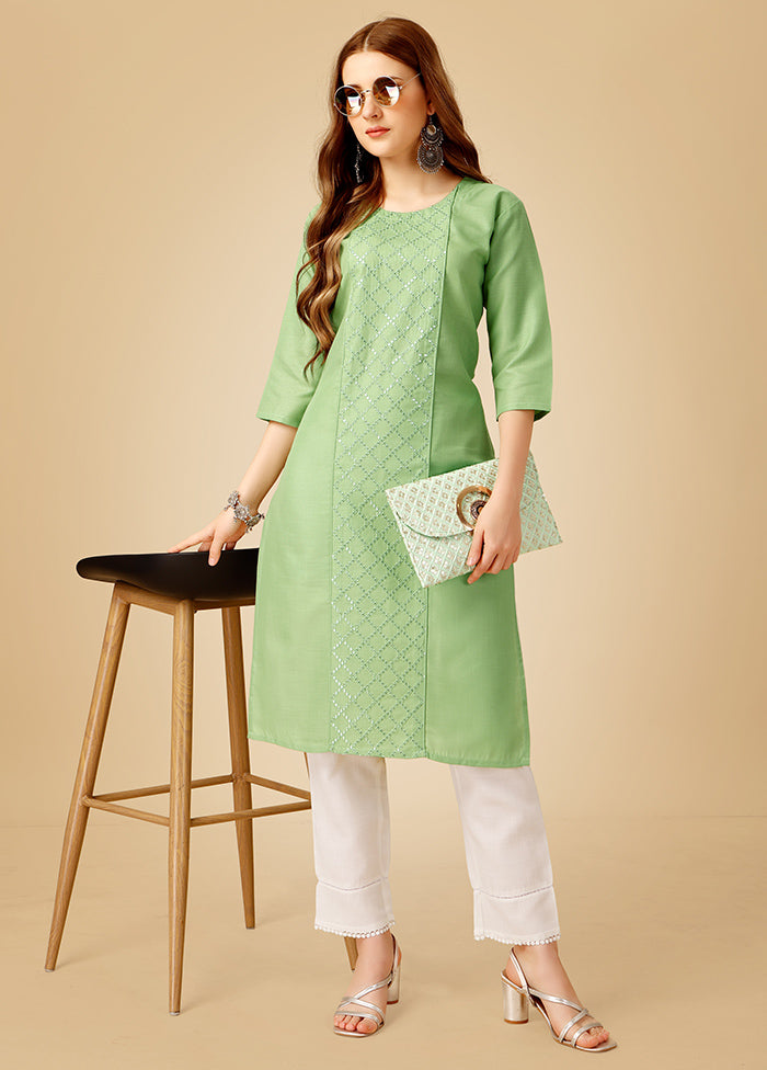 2 Pc Lime Green Readymade Cotton Kurti Set - Indian Silk House Agencies