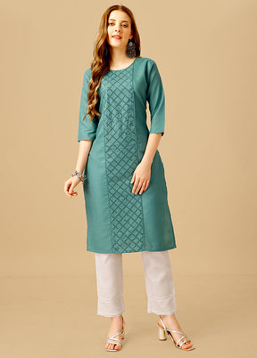 2 Pc Teal Readymade Cotton Kurti Set - Indian Silk House Agencies