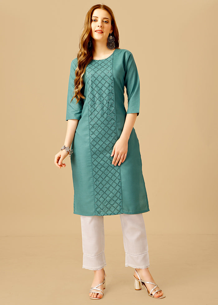 2 Pc Teal Readymade Cotton Kurti Set - Indian Silk House Agencies