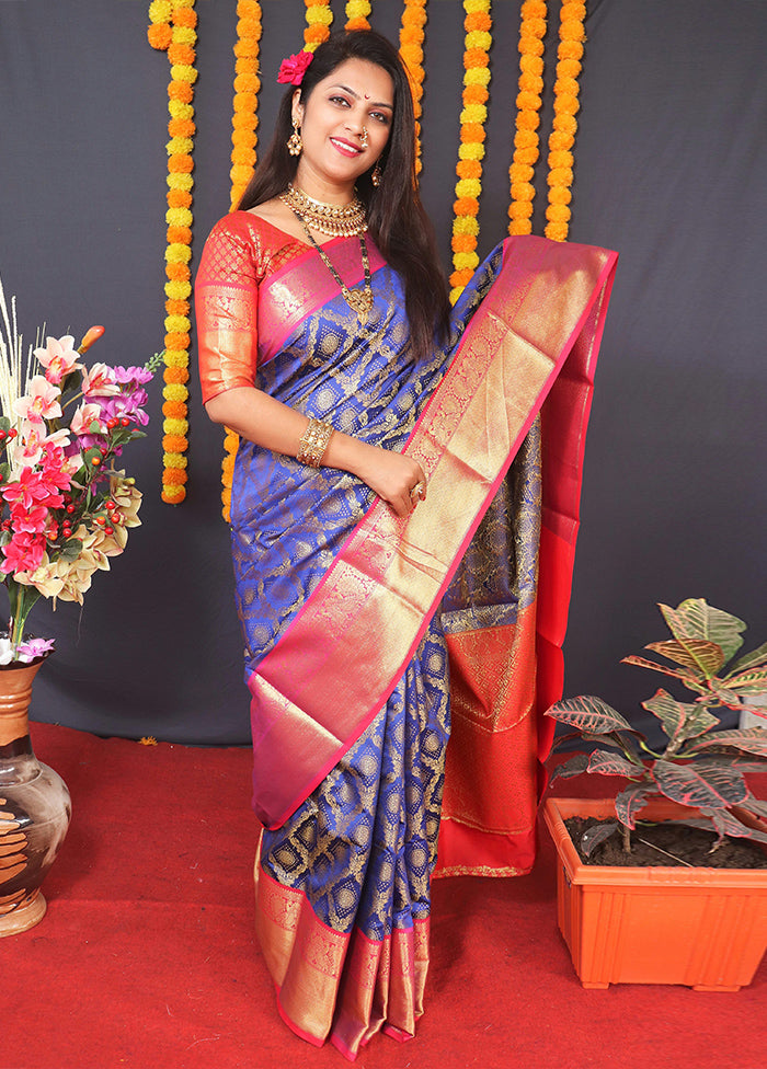 Blue Kanchipuram Silk Saree With Blouse Piece