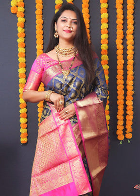 Navy Blue Kanchipuram Silk Saree With Blouse Piece