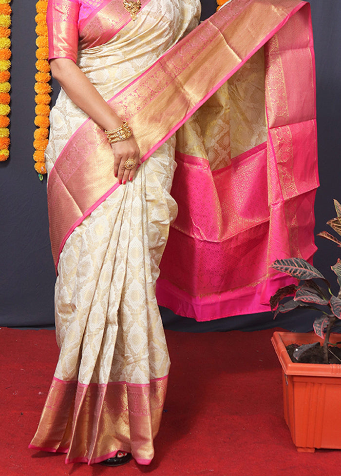 Off White Kanchipuram Silk Saree With Blouse Piece