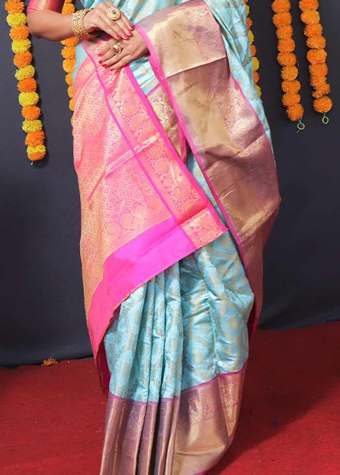 Sky Blue Kanchipuram Silk Saree With Blouse Piece