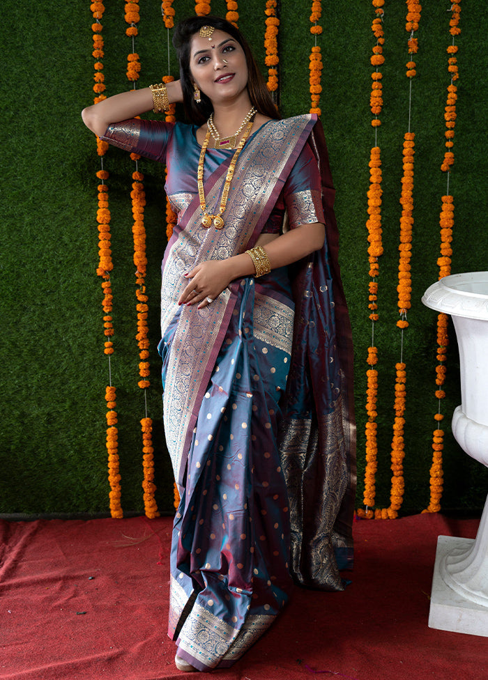 Blue Banarasi Silk Saree With Blouse Piece