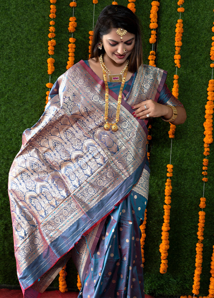 Blue Banarasi Silk Saree With Blouse Piece