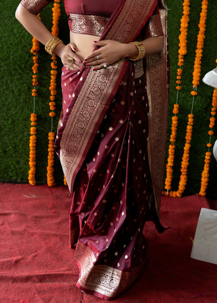 Maroon Banarasi Silk Saree With Blouse Piece