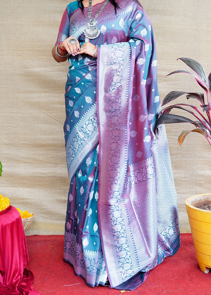 Blue Banarasi Silk Saree With Blouse Piece