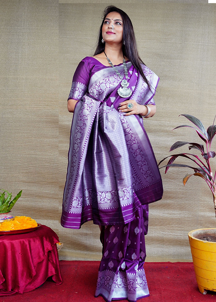 Purple Banarasi Silk Saree With Blouse Piece