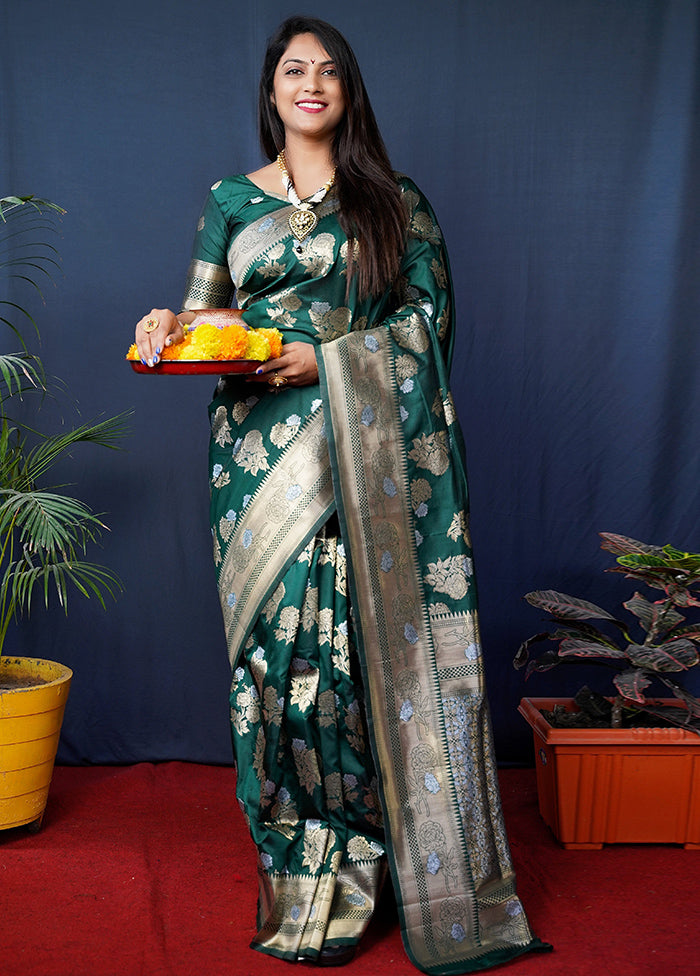 Bottle Green Banarasi Silk Saree With Blouse Piece