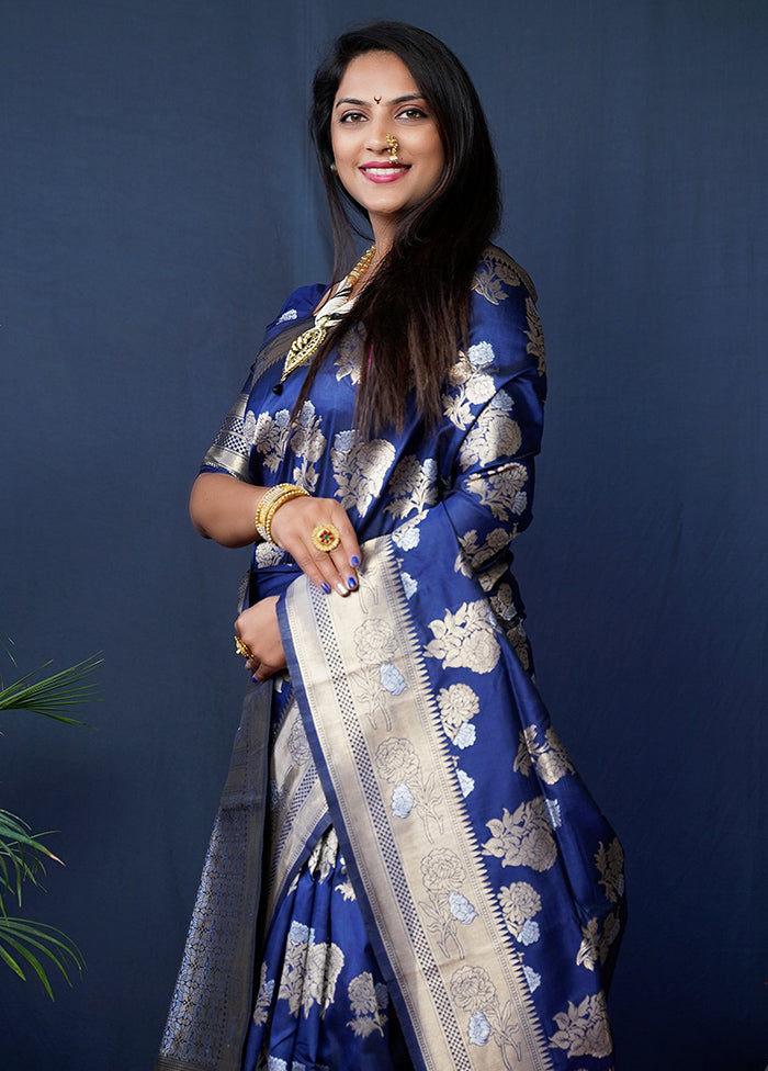 Navy Blue Banarasi Silk Saree With Blouse Piece