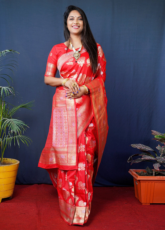 Red Banarasi Silk Saree With Blouse Piece