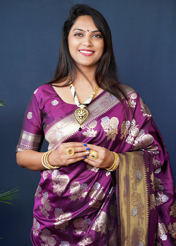 Wine Banarasi Silk Saree With Blouse Piece