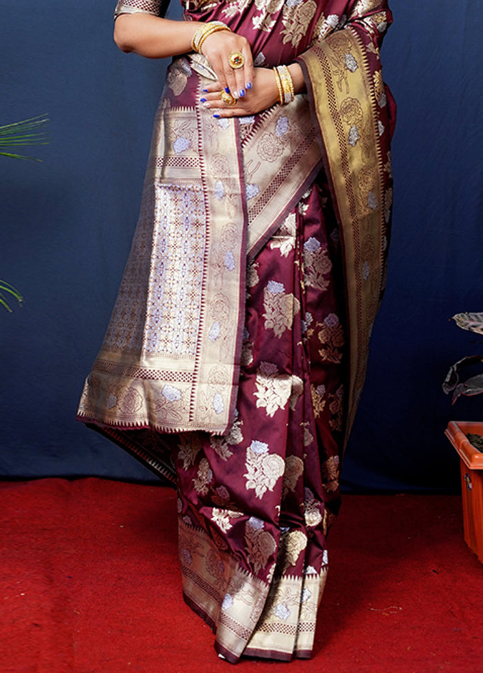 Maroon Banarasi Silk Saree With Blouse Piece