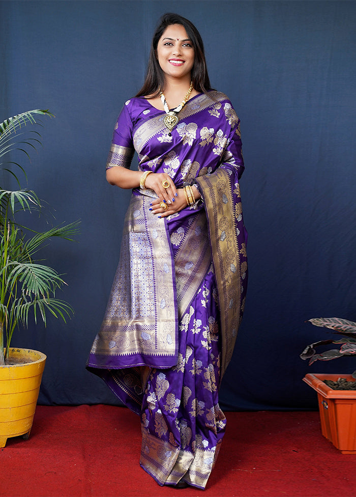 Purple Banarasi Silk Saree With Blouse Piece