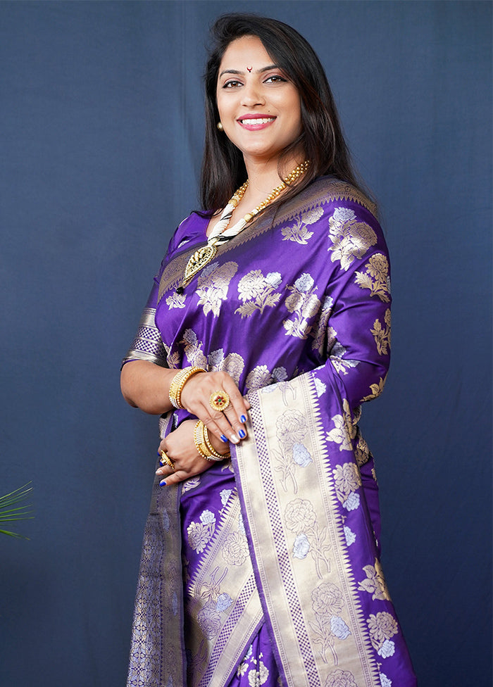 Purple Banarasi Silk Saree With Blouse Piece