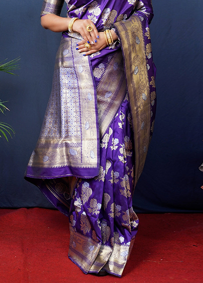 Purple Banarasi Silk Saree With Blouse Piece