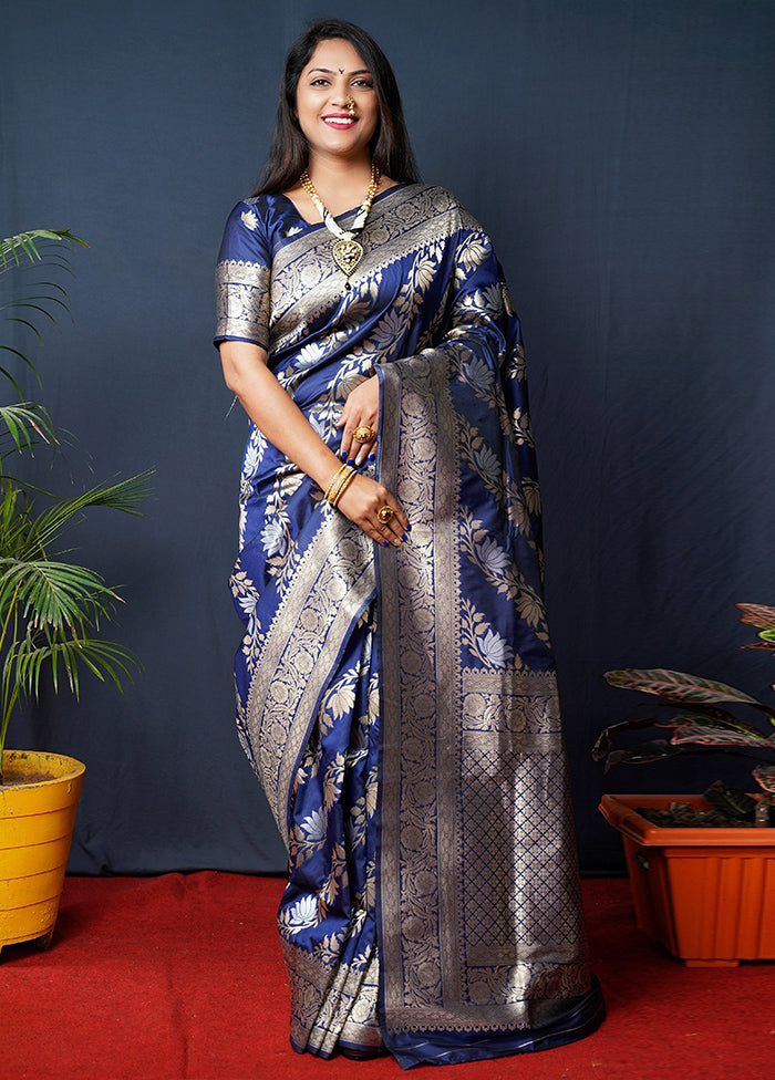 Navy Blue Banarasi Silk Saree With Blouse Piece