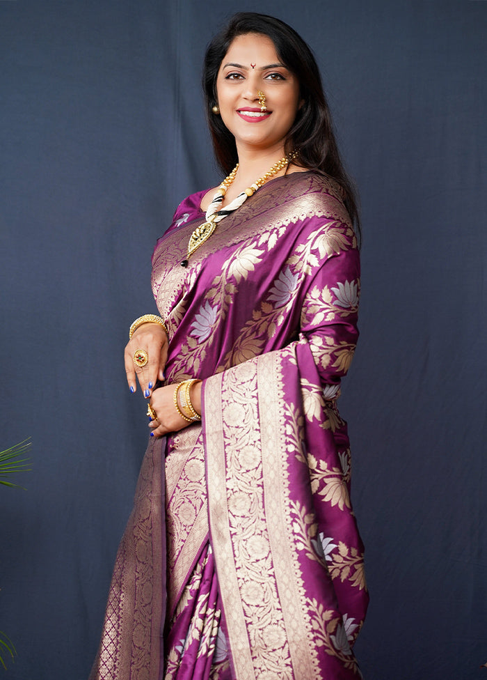 Wine Banarasi Silk Saree With Blouse Piece