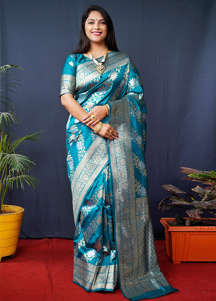 Teal Banarasi Silk Saree With Blouse Piece