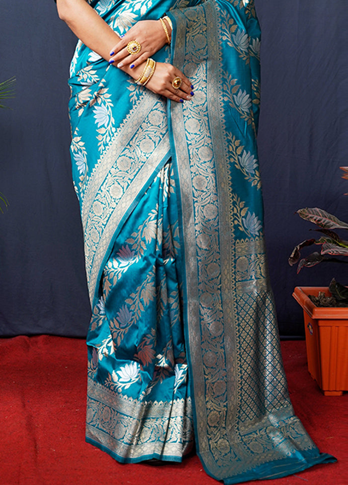 Teal Banarasi Silk Saree With Blouse Piece