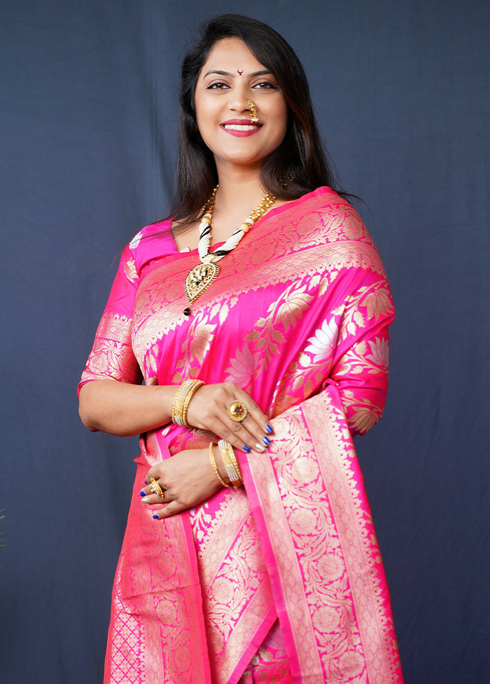 Pink Banarasi Silk Saree With Blouse Piece