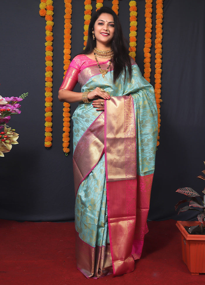 Sky Blue Kanchipuram Silk Saree With Blouse Piece