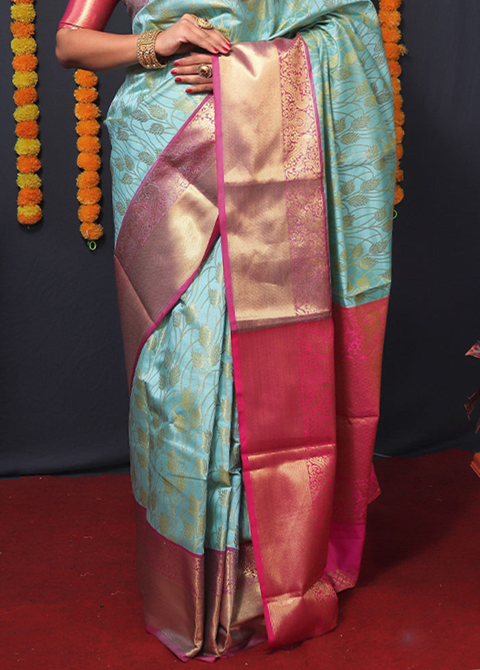 Sky Blue Kanchipuram Silk Saree With Blouse Piece