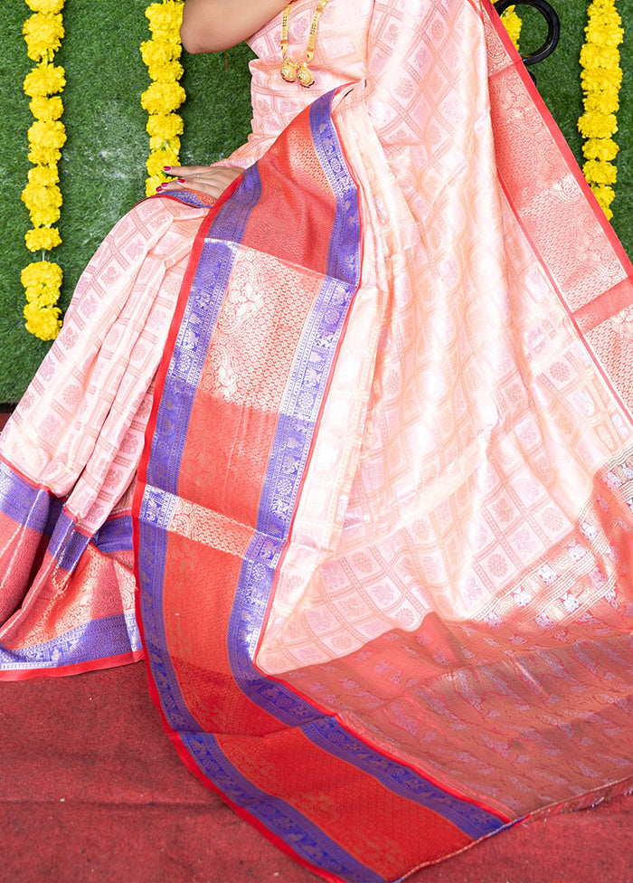 Peach Kanchipuram Silk Saree With Blouse Piece