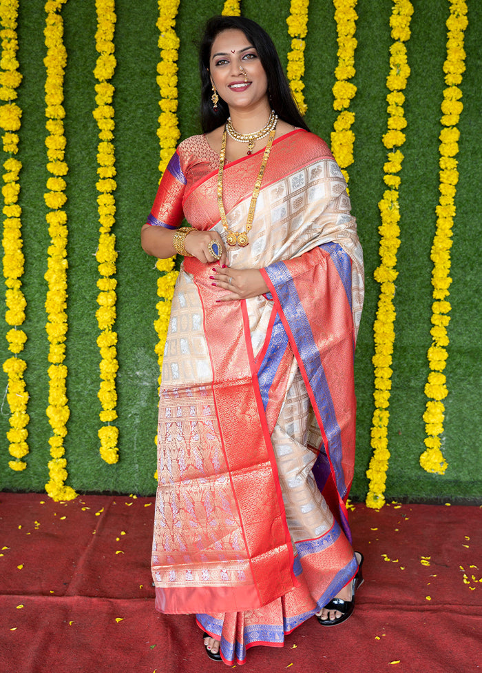 Off White Kanchipuram Silk Saree With Blouse Piece