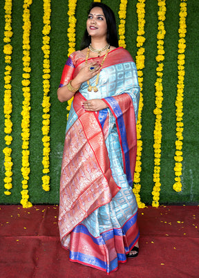 Sky Blue Kanchipuram Silk Saree With Blouse Piece