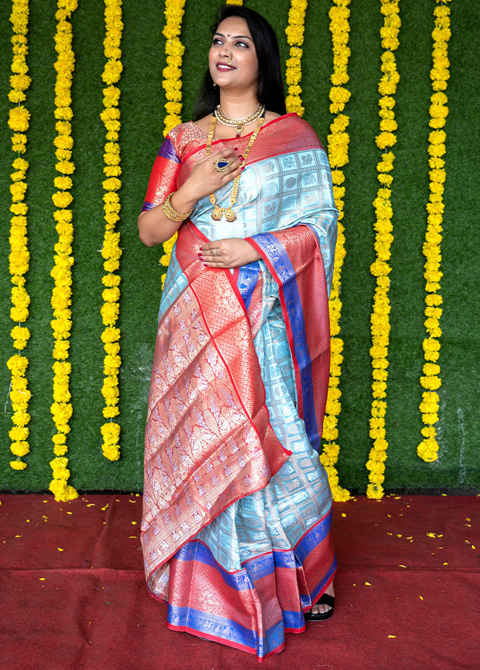 Sky Blue Kanchipuram Silk Saree With Blouse Piece